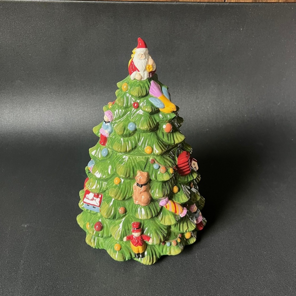 Vtg Spode Christmas Tree Cookie Jar Ceramic Holiday Canister Santa Topper No Box